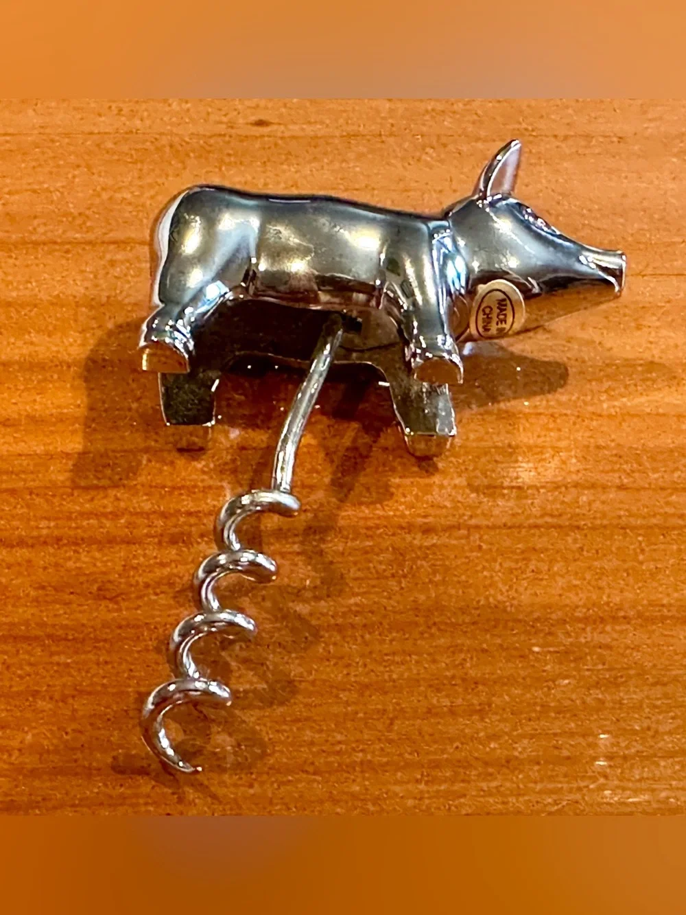 Chrome Silver Metal Figural Pig Wine Bottle Opener Tail Corkscrew Barware - Cute